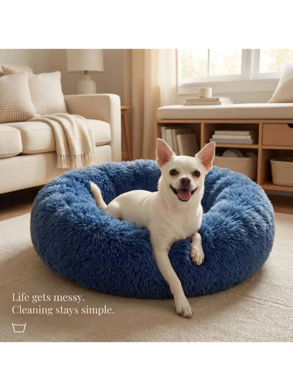 Cozy Washable Donut Dog Bed for Small Pets, Fluffy Round Design, Navy Blue